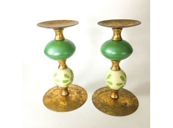Foreside Candle Holder Set Gold With Green Painted Flowers