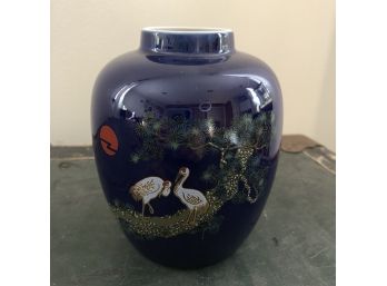 Vintage Japanese Cobalt Blue Vase With Cranes 6'