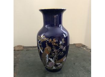 Vintage Japanese Cobalt Vase With Peafowl 7'