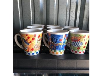 Set Of 8 Ceramic Mugs With Coffee Themed Artwork