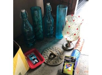 Mixed Decor Lot: Glass Bottles, Candleholder, Flag And More
