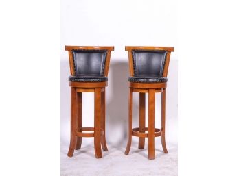 Pair Of Black Leather Bar-height Stools