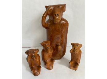 Four Hand Carved Wooden Monkey Figurines From Morocco