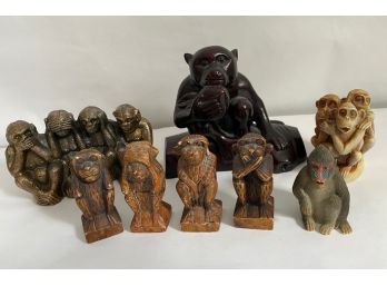 Eight Monkey Figurines: Hand Carved Wood, Casted Brass & More