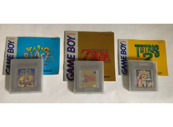 Three Nintendo Gameboy Cartridge Games: Tetris, Zelda & Wario Blast