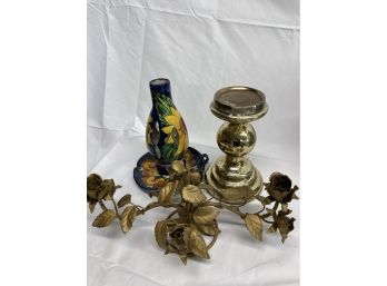 One Hand Painted Candle Holder, A Gold Candle Stand And A Candelabra
