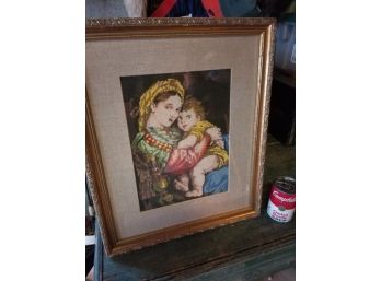 Vintage Embroidered Madonna In Nice Ornate Wooden Frame