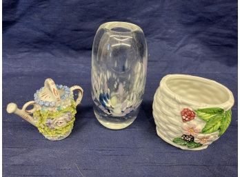 Mini Porcelain Watering Can, Basket And Glass Vase