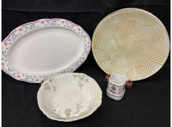 White Patterned Platter, Plate, Bowl And Ginger Cup