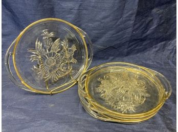 4 Gold Rimmed Plates With Handles And Glass Floral Design