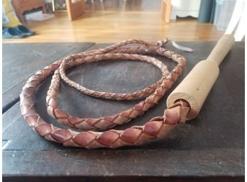 Vintage 76' Leather Bull Whip With 12' Wooden Handle. Great Condition