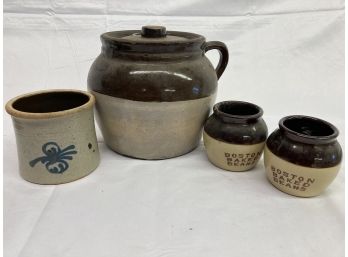 1 Large Brown Crock, 2 Boston Baked Beans Crocks And One Pottery Piece