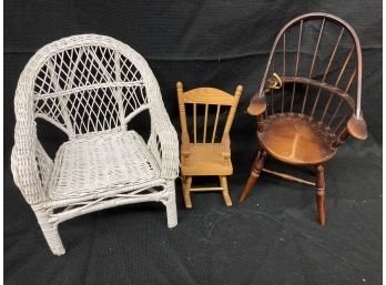 Doll Chairs: 2 Wooden And One White Wicker Chair
