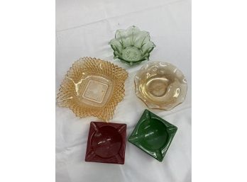 Pretty Colorful Glass Dishes And Two Plastic Ashtrays