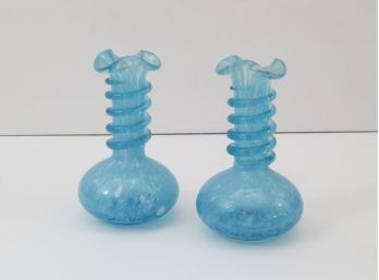 Pair Of Blue Glass Bud Vases