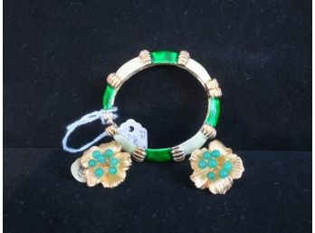 Green Enamel Bangle Floral Gold Tone Earrings