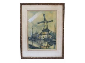Artist Signed Framed Windmill River In Flanders