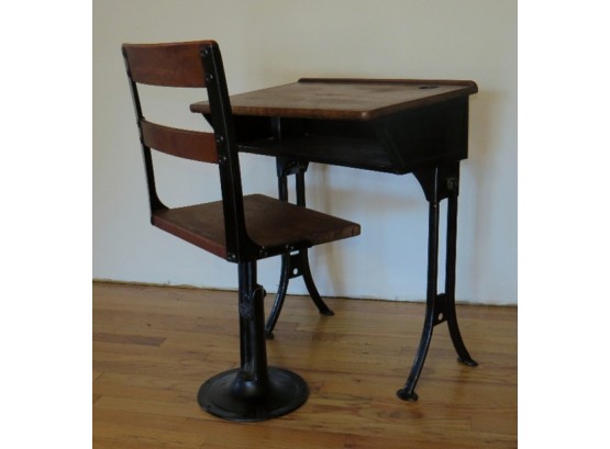 Antique Wood & Cast Iron Base School Desk With Adjustable Chair-Great Decor Piece!