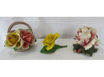 Lot Of 3 Quite Colorful & Attractive Capidomonte Italian Bisque Porcelain FloralBaskets