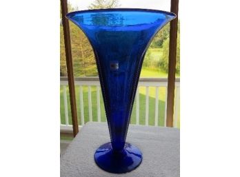 Beautiful Hand Blown Cobalt Blue Blenko Glass Trumpet Vase Original Label A Foot Tall!