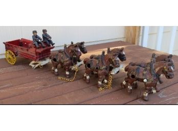 Cast Iron Toy Wagon & Triple Brace Of Draft Horses