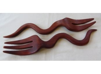 Pair Of Ornately Hand Crafted Wood Salad Servers