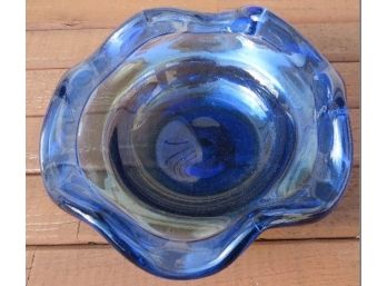 Iridized Blue Art Glass Blown Bowl Open Pontil Ruffled Rim Very Attractive Mid-Century Design
