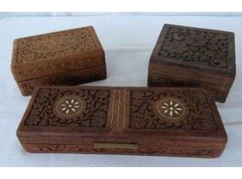 Group Of 3 Hand Carved Wooden Boxes, Including Inlays & Brass - Indian Or Asian