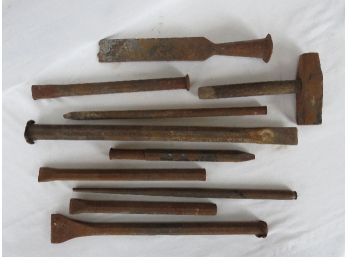 Vintage Lot Of Various Size Iron Chisels With Mallet