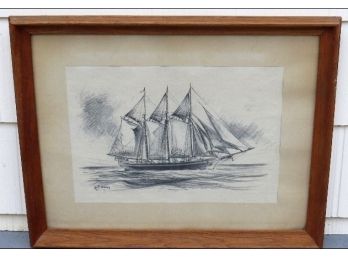 James F. Murray 1949 Dated Mid-Century Framed Sketch 3 Masted Schooner Exc. Condition A Listed Artist