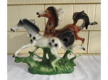 Gorgeous (and Big) Mid Century Pottery Statute Of 2 Running Pinto Horses On The Range