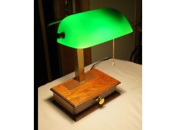 Arts & Crafts Style Brass, Oak & Emeralite Shade Desk Lamp WDrawer Nice Accessory For The Den