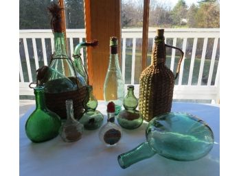 Lot Of 9 Interesting Vintage Beverage Vessels-Green Italian Wine Decanter, Wicker Wrapped Bottle & More!