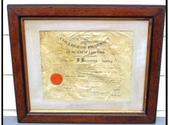 1892 New York College Of Pharmacy Framed In Oak Graduate Degree - On Vellum, Hand Signed