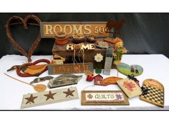 Mixed Lot Of Very Cute Country Decorator Items - Signs, Plaques, Ducks, Geese, Cows, Pigs, Etc.