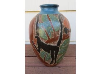Beautiful Ceramic Handmade Carved Figural Lemur Monkey Vase San Juan De Oriente Nicaragua 8.25' Signed
