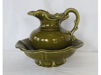 McCoy Olive Green Pottery Bowl And Pitcher Set