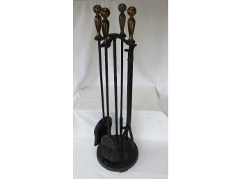 Pilgrim Cast Iron-Brass Handled 5 Piece Fireplace Hearth Tool Set