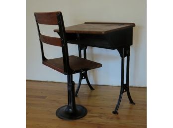 Antique Wood & Cast Iron Base School Desk With Adjustable Chair-Great Decor Piece!