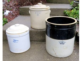 3 Decorated Crocks - Bird, Rondout NY Grocer & 6 Gallon Crown - All Good Shape