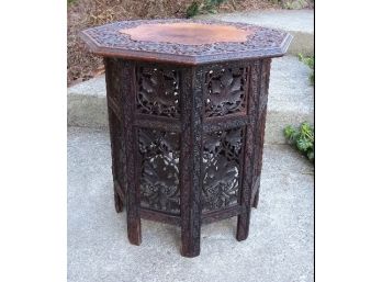 Intricately Carved Grape Leaf & Grapes Moorish Style Taboret Folding Table In Teak Or Oak, Exceptional Example