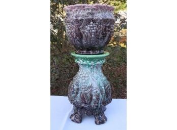 Gorgeous Early 1900's Bacchus Satyr Faced Jardiniere On Matching Pedestal Weller Pottery Attributed