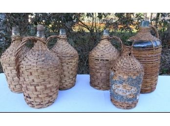 Lot Of 6 Old Wickered Demijohn's 1 & 2 Gallon Sizes Great Decorator Pieces