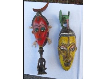 Lot Of 2 Large African Carved Tribal Wooden Masks, Rather Large & Ornate, Bright Colors Very Cool!