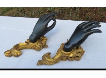 Pair Of Gilt & Black Ebonized Wall Mount Jester Style Hands