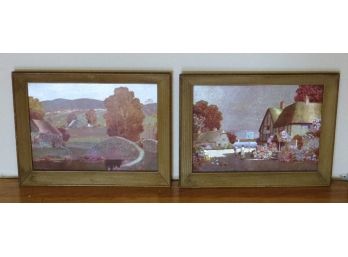 Vintage Pair Of Wood Framed Under Glass Foil Art Lithographs-artist Signed By Ernest Uden