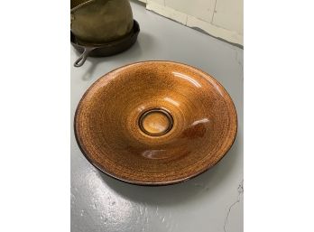Crate And Barrel - Lovely Large Bowl In A Beautiful Amber Gloss - And Wood Bowl (shows Some Wear-see Pics)