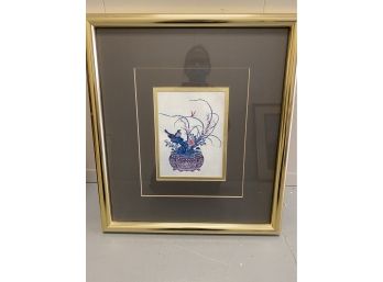 Asian Wall Art - Lovely Print Of A Bird In Its Habitat!  Beautifully Framed - Great Condition - On Silk??