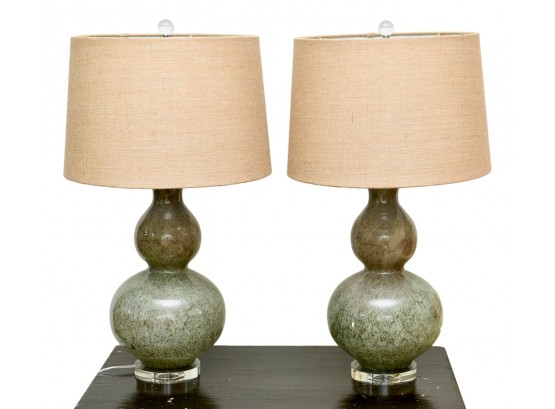 Pair Of Speckled Glass Bulbous Lamps With Lucite Bases And Linen Shades