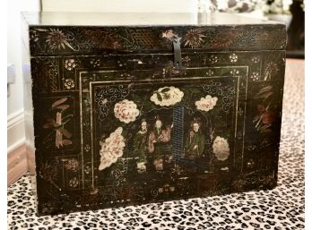 Antique Chinese Lacquered Hand Painted Wood Trunk